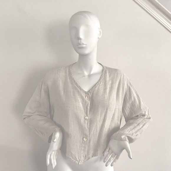 FLAX Top L Beige 100% Linen Lagenlook Long Sleeve Button Front - Picture 8 of 9